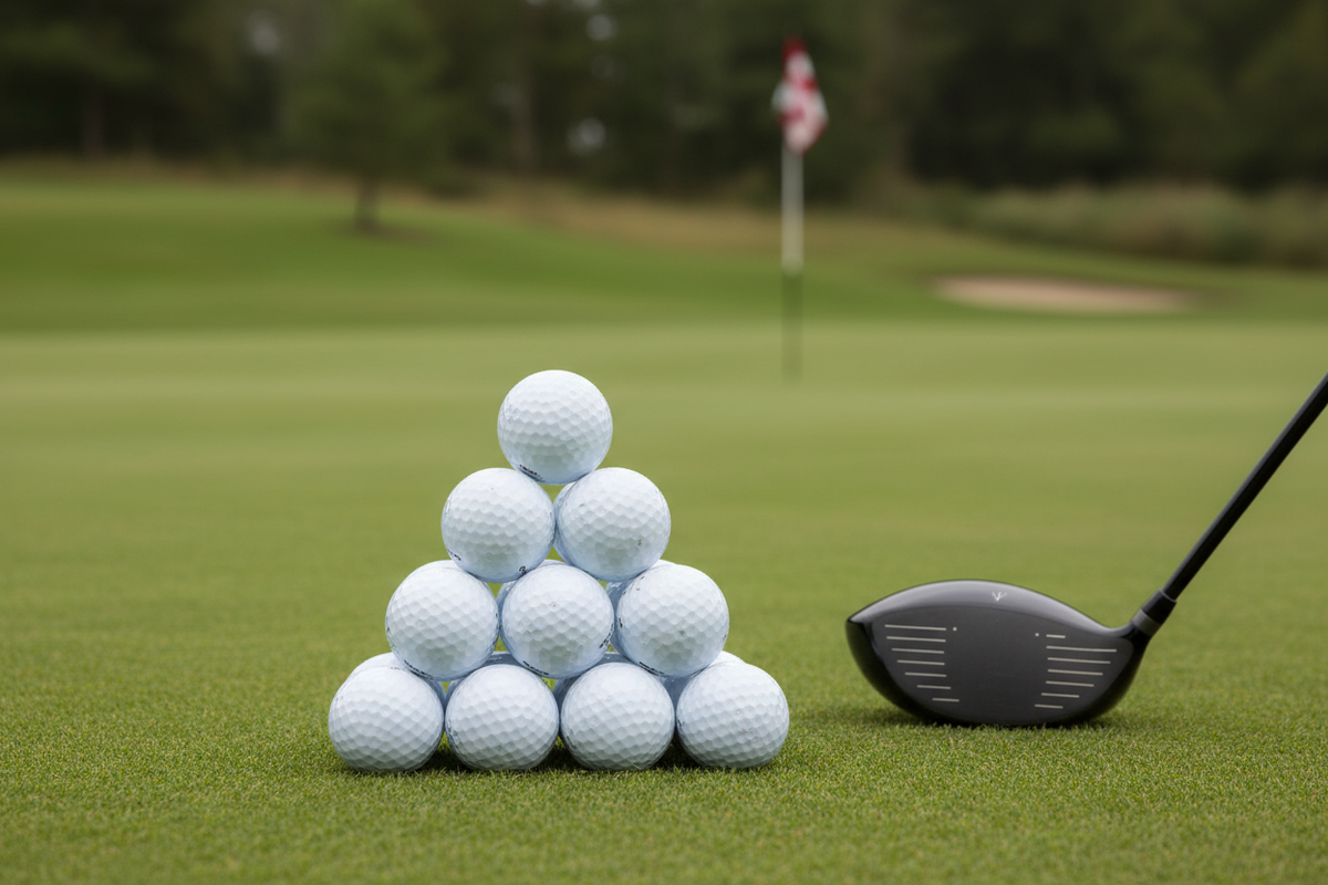 Pyramid of golf balls beside a green with flag