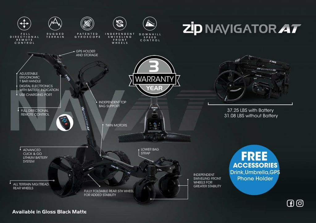 MGI Zip Navigator All Terrain Electric Golf Cart - 36 Hole Battery - Remote Control - (Drink, Umbrella, GPS-Phone)