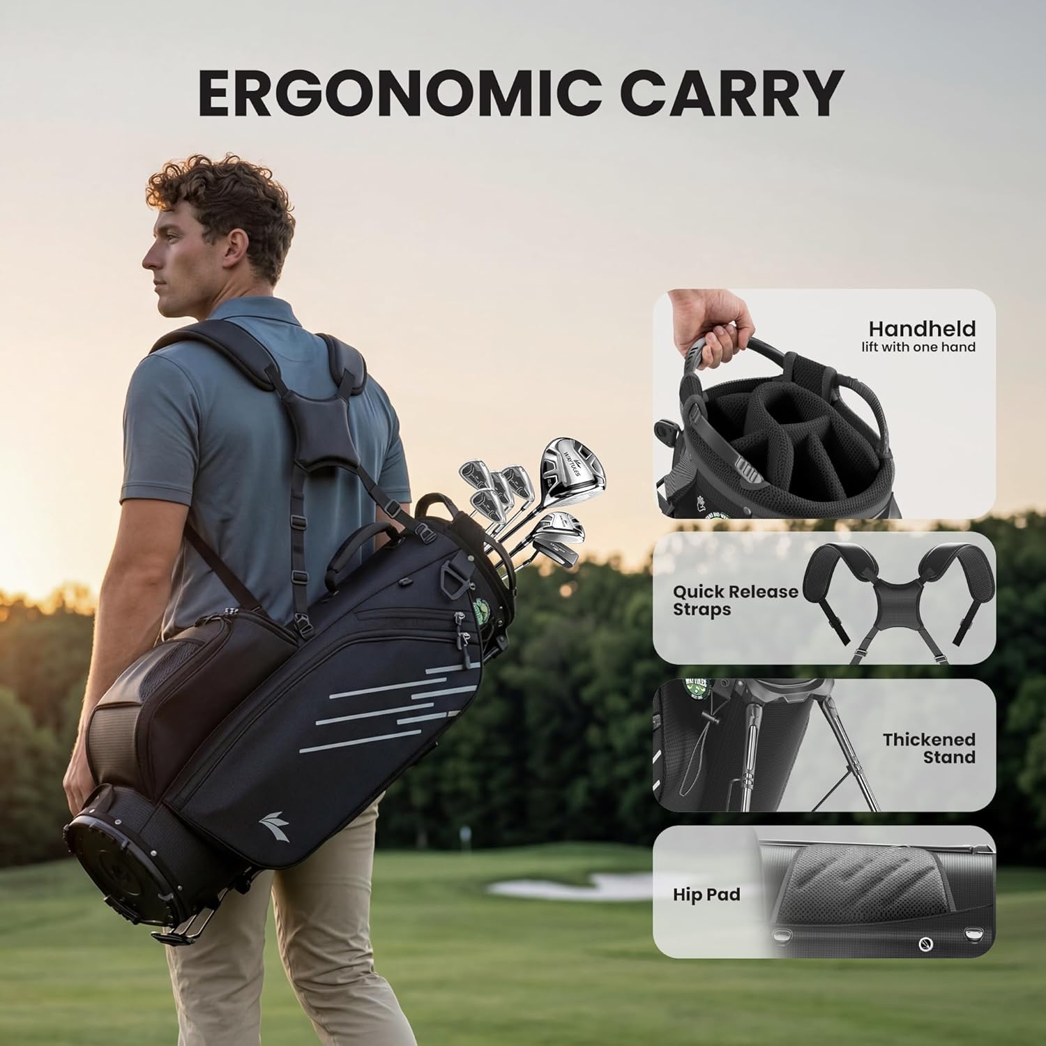 8-Way Golf Stand Bag, Lightweight Golf Bag with Dual Strap & Full-Length Dividers, Portable Golf Club Carry Bag with Multiple Pockets, Waterproof Rain Hood for Men Women