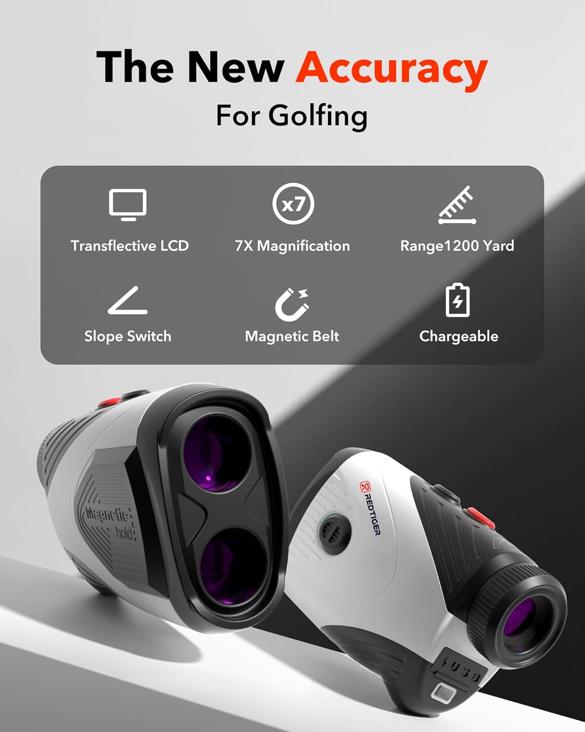 REDTIGER Golf Rangefinder with Slope Switch, 1200 Yards Range Finder Golfing, 7X Magnification, Flag Pole Locking Vibration, Rechargeable Range Finders with Magnet Stripe, GolfVue Series 1