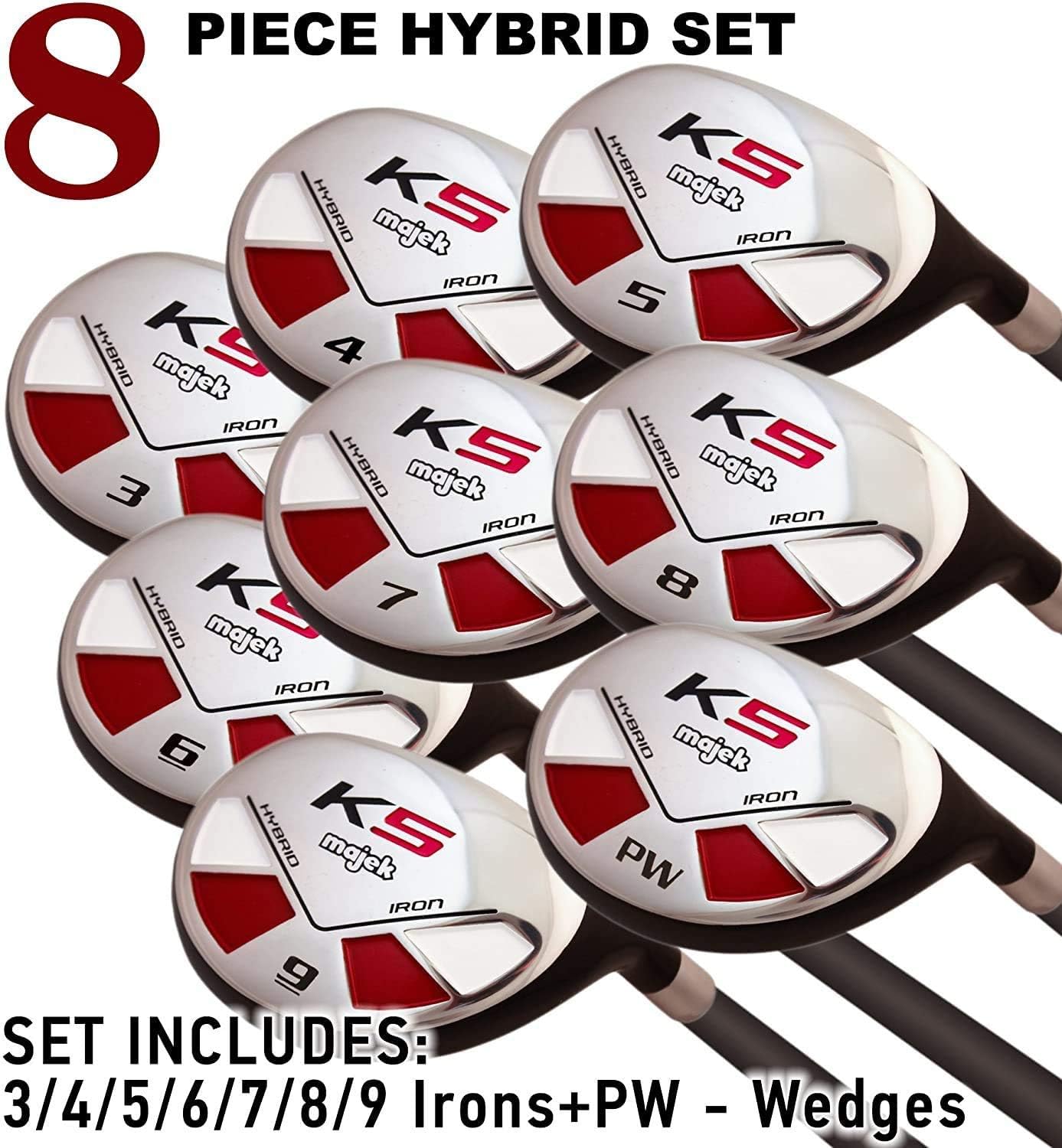 Senior Single Length - One Length Men’s Majek Golf All Hybrid Complete Full Set, which Includes: #3 4 5 6 7 8 9 PW Senior Flex Total of 8 Right Handed New Utility “A” Flex Clubs