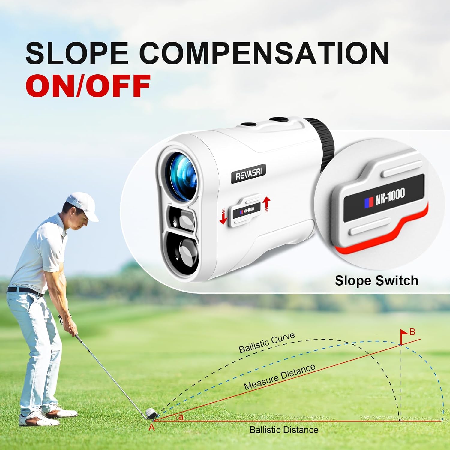 REVASRI Golf Rangefinder with Slope and Pin Lock Vibration, External Slope Switch for Golf Tournament Legal, Rangefinders with Rechargeable Battery 600/1000YDS Laser Range Finder