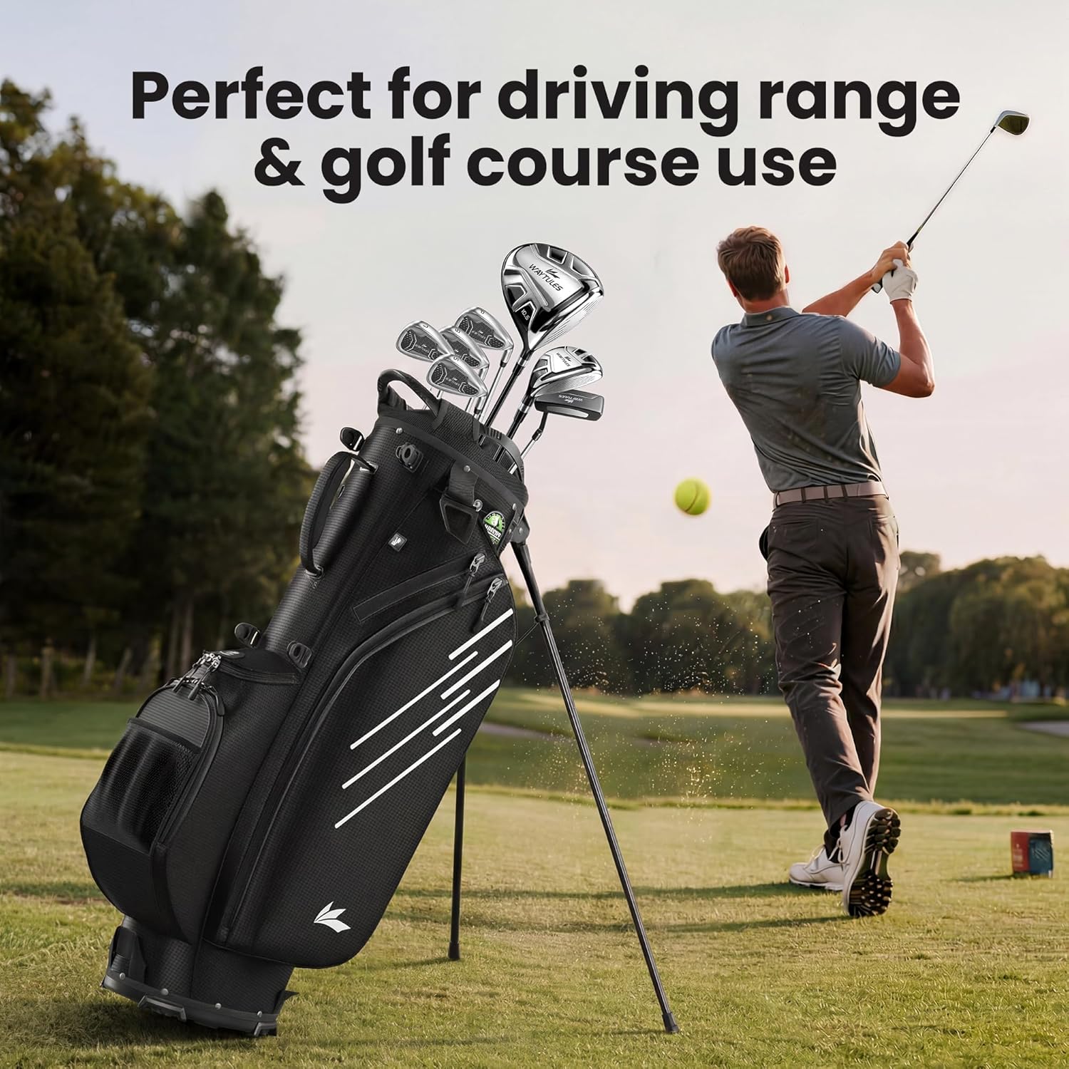 8-Way Golf Stand Bag, Lightweight Golf Bag with Dual Strap & Full-Length Dividers, Portable Golf Club Carry Bag with Multiple Pockets, Waterproof Rain Hood for Men Women