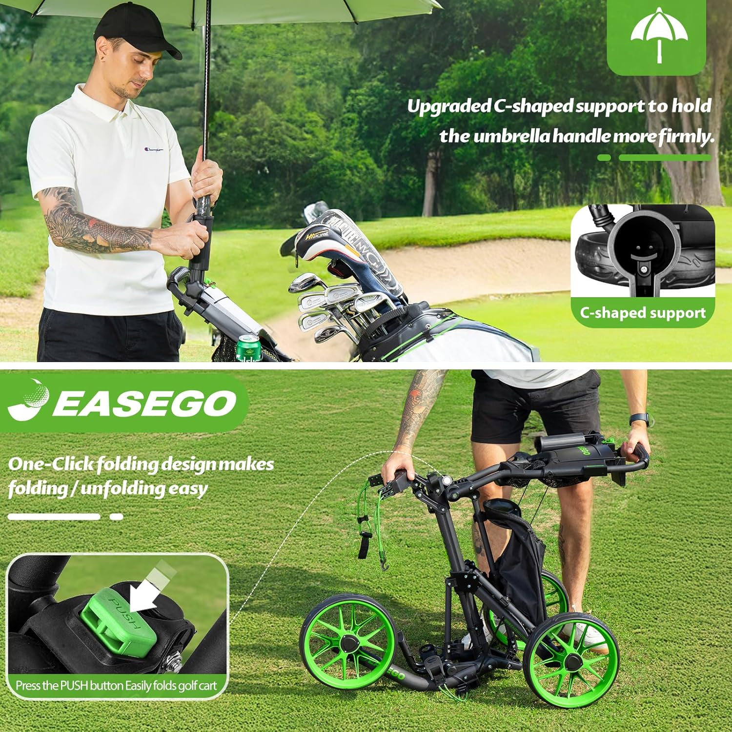 Golf Push Cart 3 Wheel : Golf Bag Cart Foldable with Phone Holder/Cup/Umbrella Holder Compact Golf Pull Carts Quick Fold Golf Caddy Push Carts with Large Wheelbase for Different Terrain