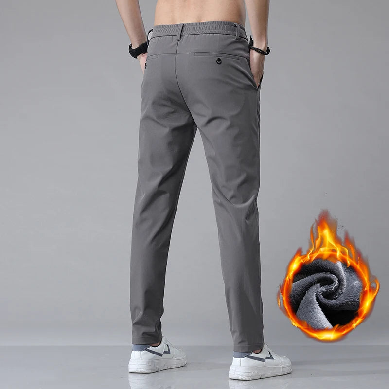 Men's Warm Golf Trousers Slim Straight Winter Thick Fleece Casual Trousers Business Fashion Stretch Thermal Trousers Male