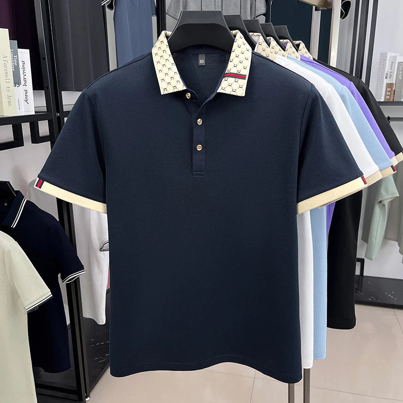 Fashion luxury brand short sleeve polo shirt men new personalized letter color blocked high-end casual breathable lapel T-shirt