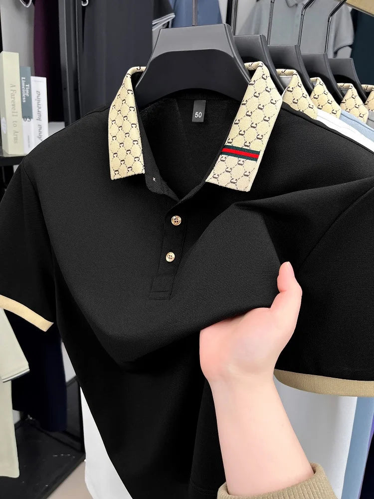Fashion luxury brand short sleeve polo shirt men new personalized letter color blocked high-end casual breathable lapel T-shirt
