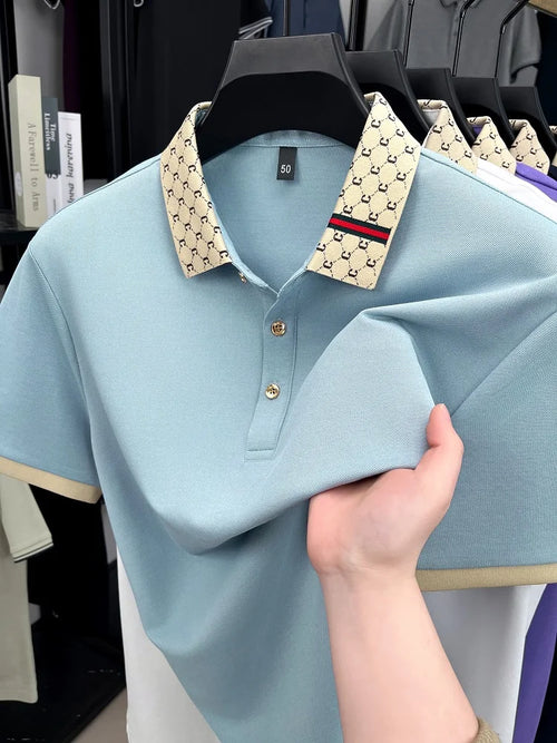 Fashion luxury brand short sleeve polo shirt men new personalized letter color blocked high-end casual breathable lapel T-shirt