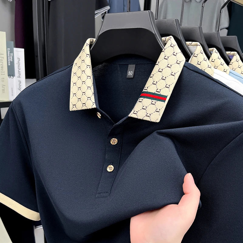Fashion luxury brand short sleeve polo shirt men new personalized letter color blocked high-end casual breathable lapel T-shirt