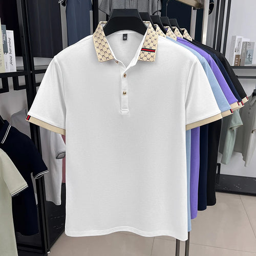 Fashion luxury brand short sleeve polo shirt men new personalized letter color blocked high-end casual breathable lapel T-shirt