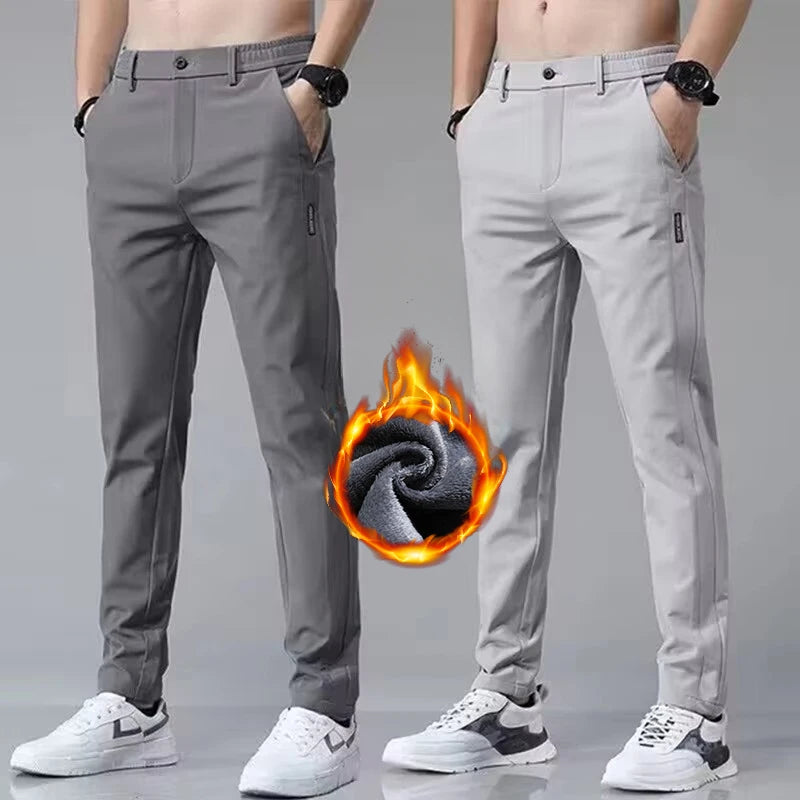 Men's Warm Golf Trousers Slim Straight Winter Thick Fleece Casual Trousers Business Fashion Stretch Thermal Trousers Male