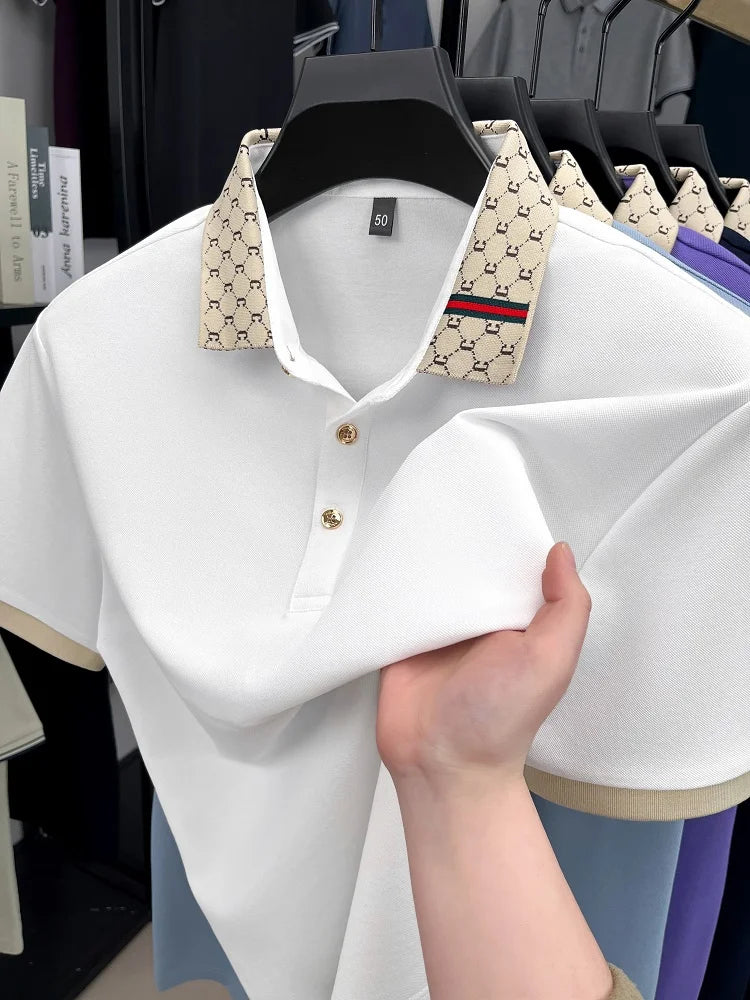 Fashion luxury brand short sleeve polo shirt men new personalized letter color blocked high-end casual breathable lapel T-shirt