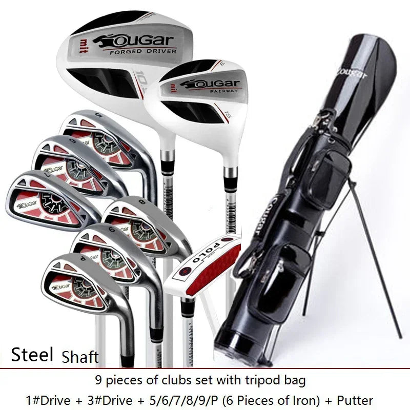 A 9-piece golf club set with a black tripod golf bag, featuring white, black, and red Tougar forged driver and iron heads with steel shafts, shown on a white background with text overlays.
