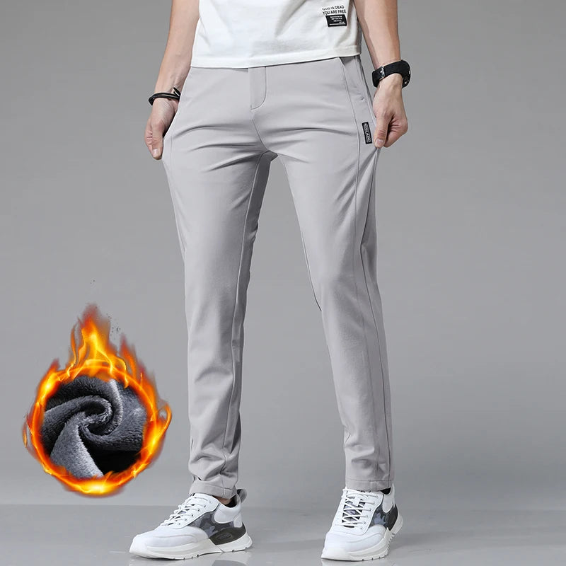Men's Warm Golf Trousers Slim Straight Winter Thick Fleece Casual Trousers Business Fashion Stretch Thermal Trousers Male