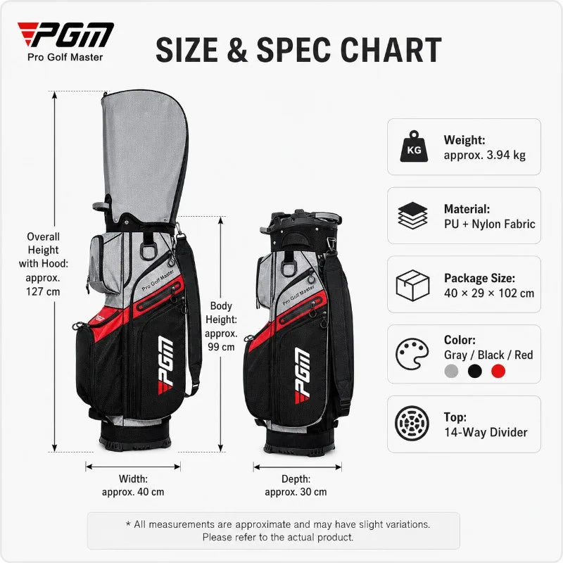 PGM Golf Cart Bag 14 Way Top Large Capacity Golf Club Organizer Detachable Side Pouch Stable Base
