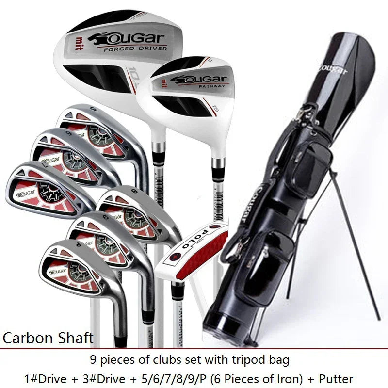 A 9-piece Tougar golf club set with a black tripod-style carrying bag, shown on a white background with text at the bottom describing the set.