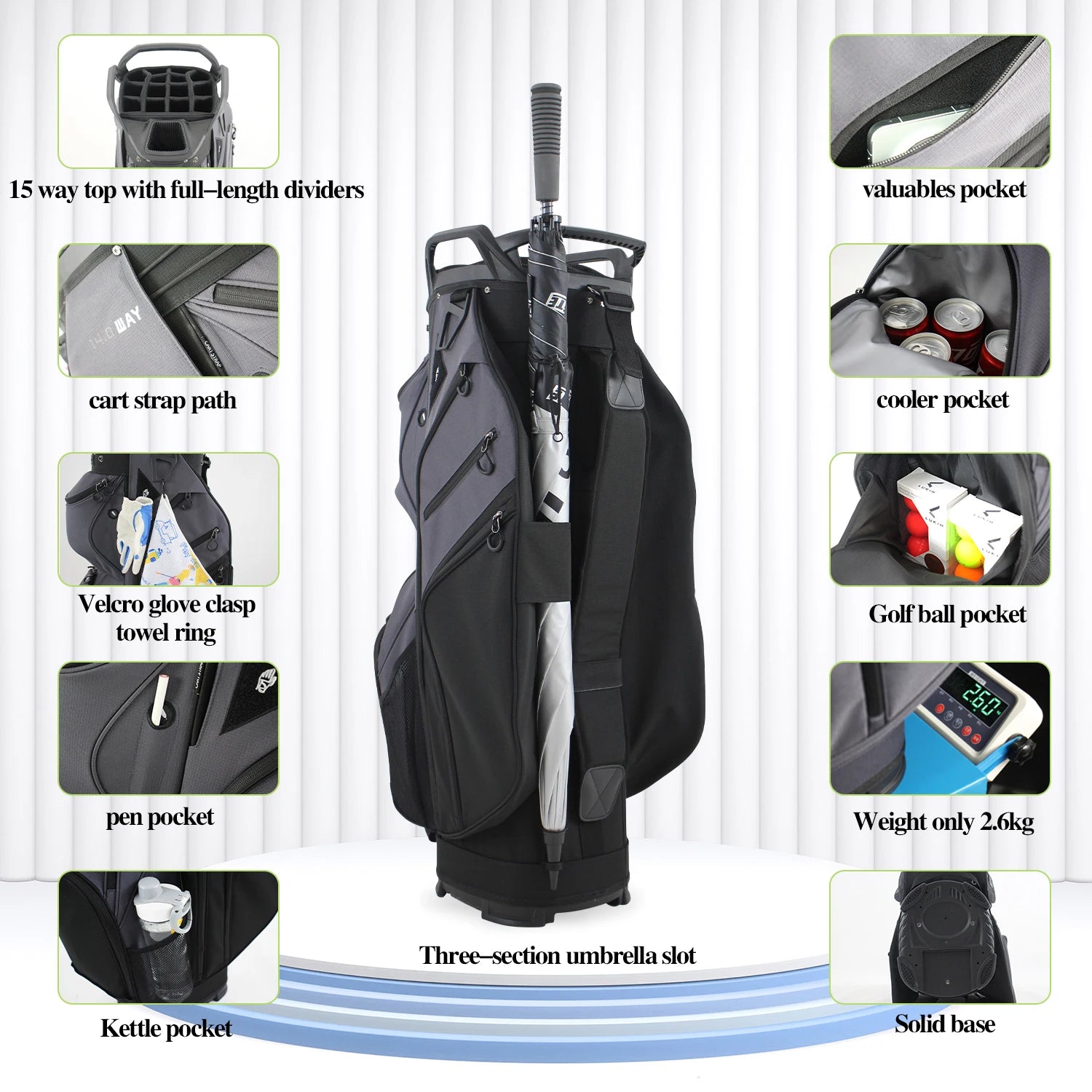 Ultra Lightweight Golf Cart Bag, 15-Way Top Divider Golf Club Bag, Nylon Material, Lightweight Only 2.6KG / 5.73 Lbs