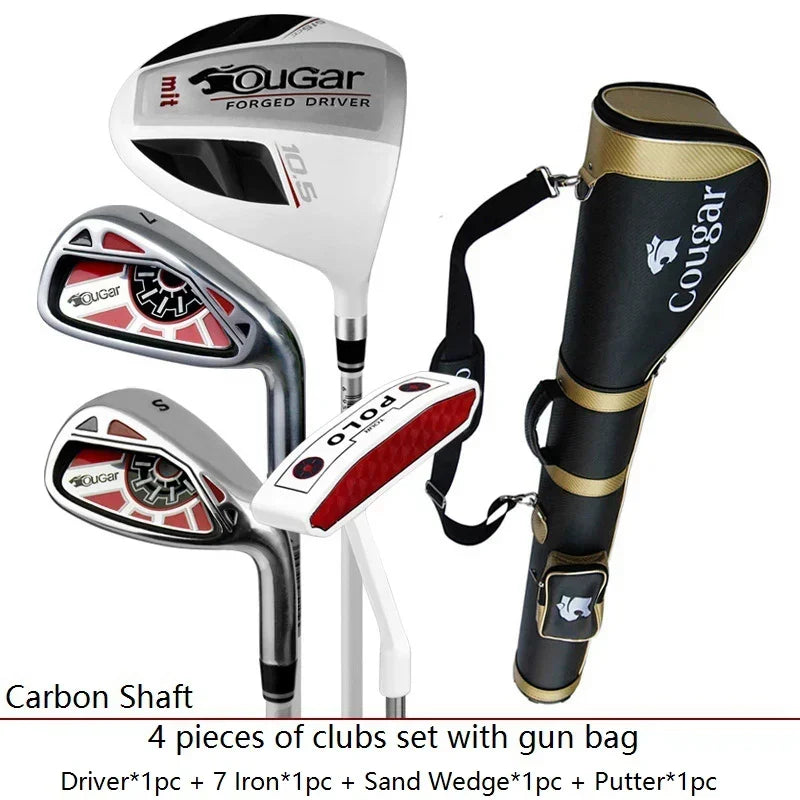 A 4-piece golf club set with a black and gold gun bag, featuring a forged driver, iron, sand wedge, and putter with carbon shafts, shown against a white background with text overlays.