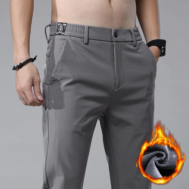 Men's Warm Golf Trousers Slim Straight Winter Thick Fleece Casual Trousers Business Fashion Stretch Thermal Trousers Male