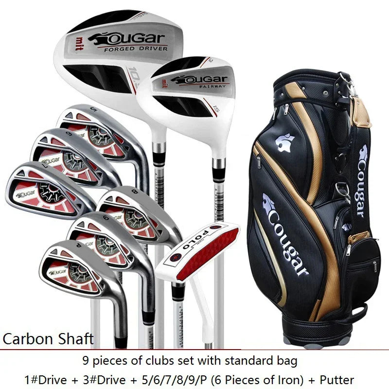 A 9-piece Cougar golf club set with carbon shafts, shown with a black and gold Cougar golf bag on a white background with descriptive text at the bottom.