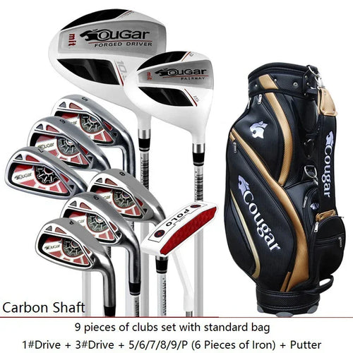 A 9-piece Cougar golf club set with carbon shafts, shown with a black and gold Cougar golf bag on a white background with descriptive text at the bottom.