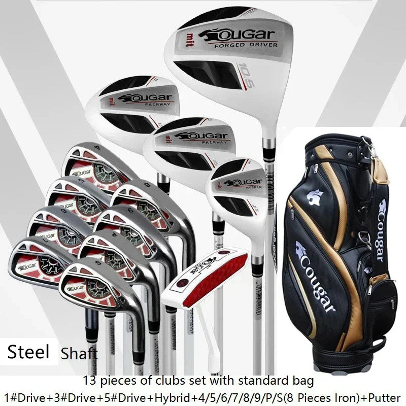 A 13-piece Cougar golf club set with a black and gold golf bag, featuring steel shafts and white, black, and red clubheads, displayed on a gray and white background with text detailing the set contents.