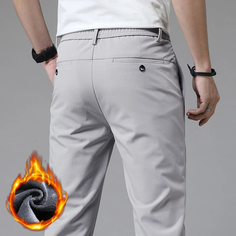 Men's Warm Golf Trousers Slim Straight Winter Thick Fleece Casual Trousers Business Fashion Stretch Thermal Trousers Male