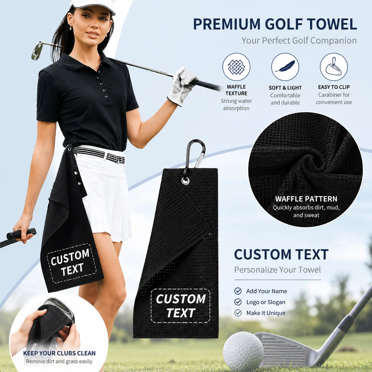 Elegant Custom Embroidery Golf Towel Waffle Microfiber Sport Cleaning Cloth With Carabiner Gift Birthday Graduation Present