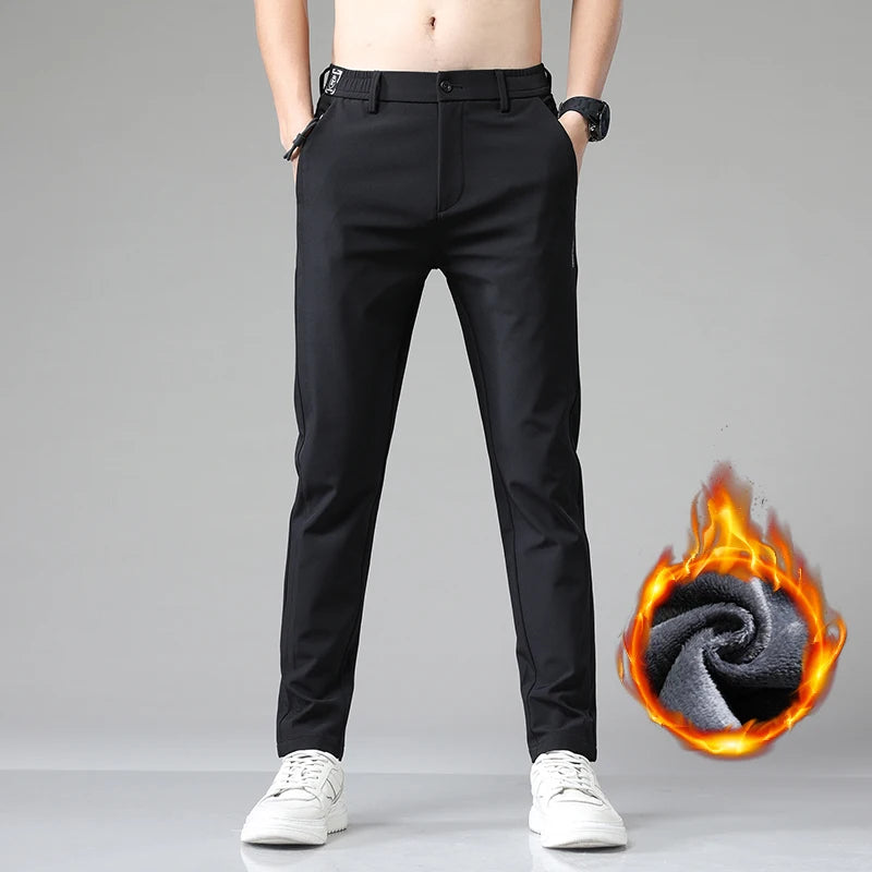 Men's Warm Golf Trousers Slim Straight Winter Thick Fleece Casual Trousers Business Fashion Stretch Thermal Trousers Male