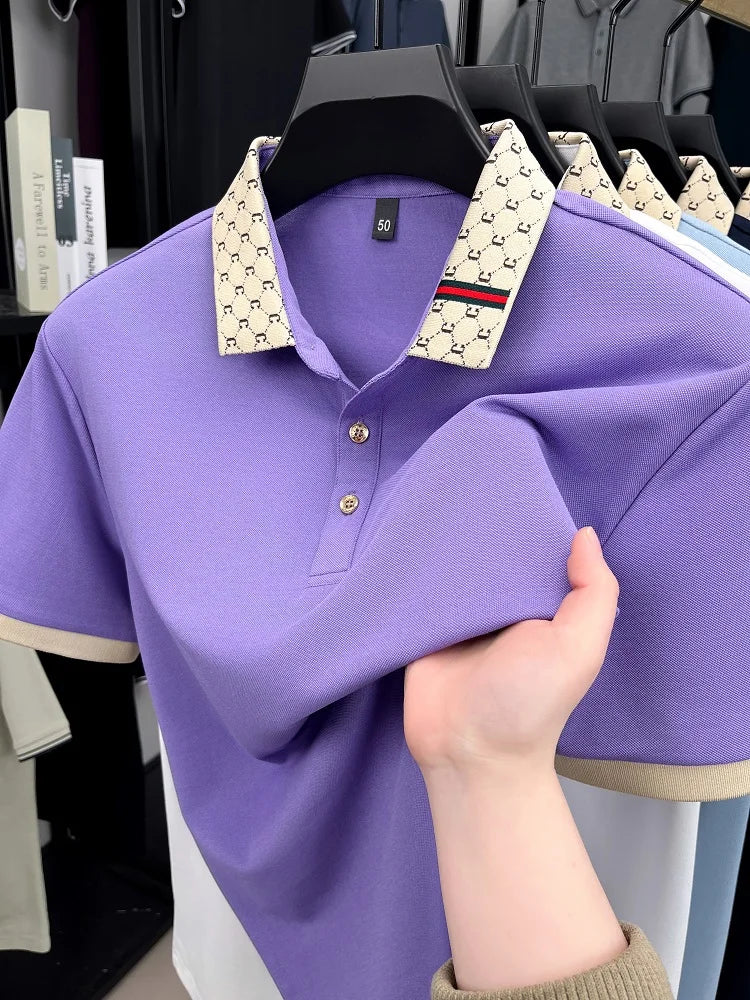 Fashion luxury brand short sleeve polo shirt men new personalized letter color blocked high-end casual breathable lapel T-shirt