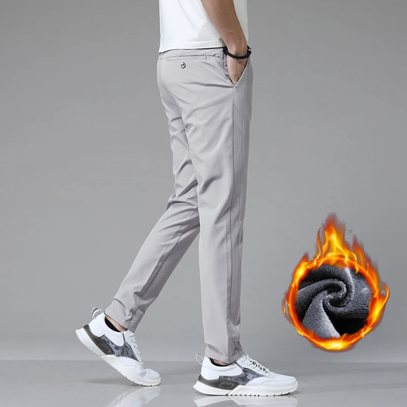 Men's Warm Golf Trousers Slim Straight Winter Thick Fleece Casual Trousers Business Fashion Stretch Thermal Trousers Male