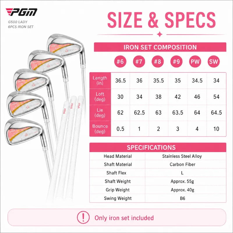 PGM Women's Golf Iron Set 6 7 8 9 PW SW Stainless Steel Heads Carbon Shaft L Flex Ladies Golf Clubs