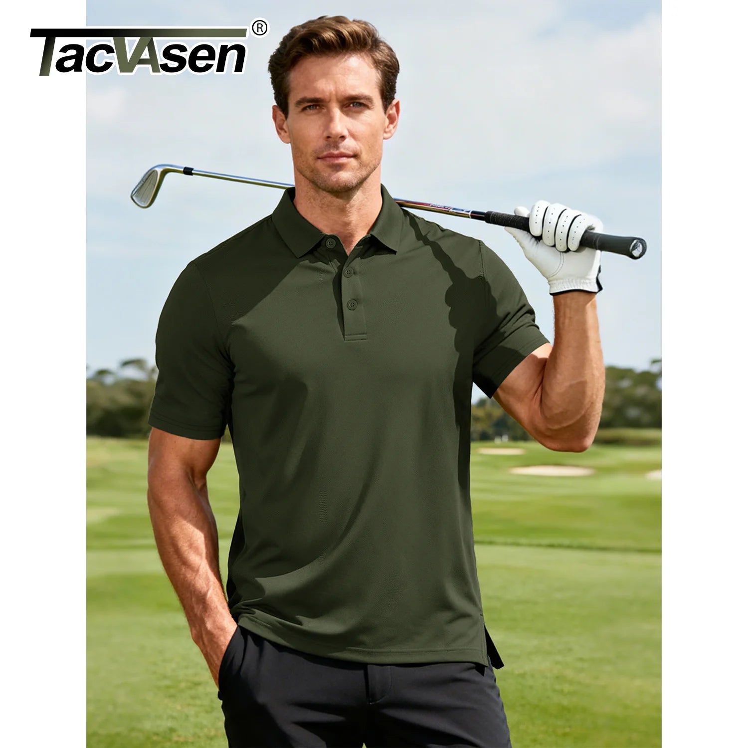TACVASEN Mens Summer Polo Shirts Short Moisture Wicking Sleeve Athletic T-Shirt 3 Buttons Classic Fit Casual Dry fit Golf Shirts